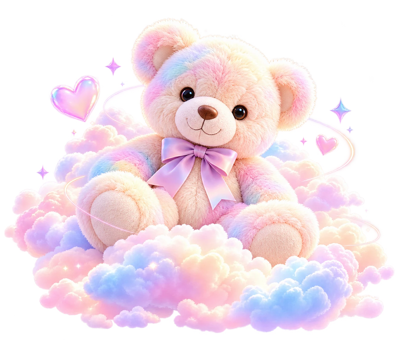 A pastel plush teddy with a lavender satin bow nestled in pink, lavender and blue clouds