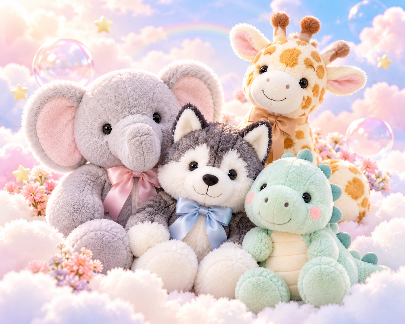 Grey elephant, husky, mint dinosaur and pastel giraffe plush companions