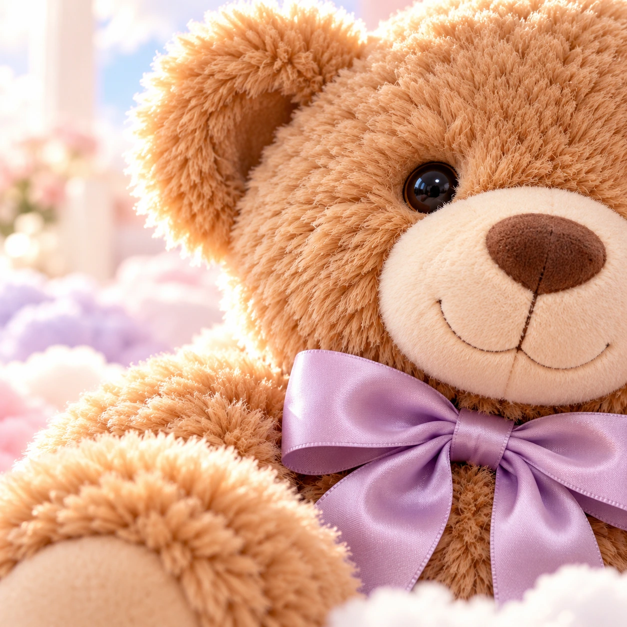 Close-up of soft caramel teddy fur and lavender satin bow