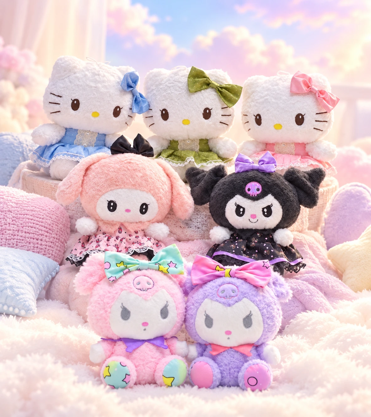 Pastel plush companions gathered together on a soft blanket