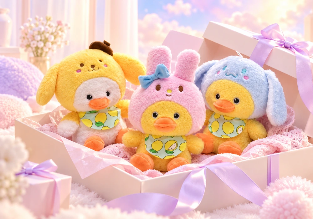 Three plush companions gathered in a pastel gift box